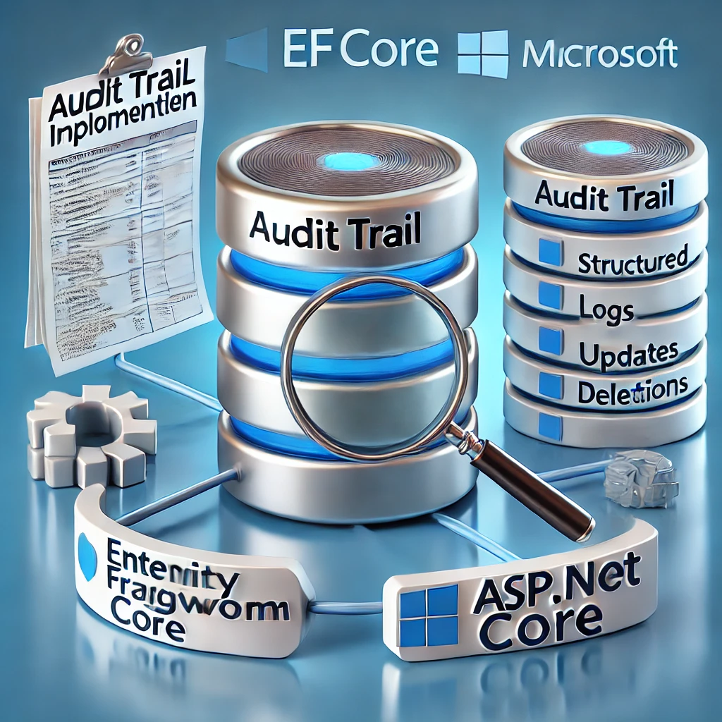 DALL·E 2025 01 31 23.50.03 A professional and modern digital illustration representing Audit Trail implementation in EF Core and ASP.NET Core. The image features a secure databa