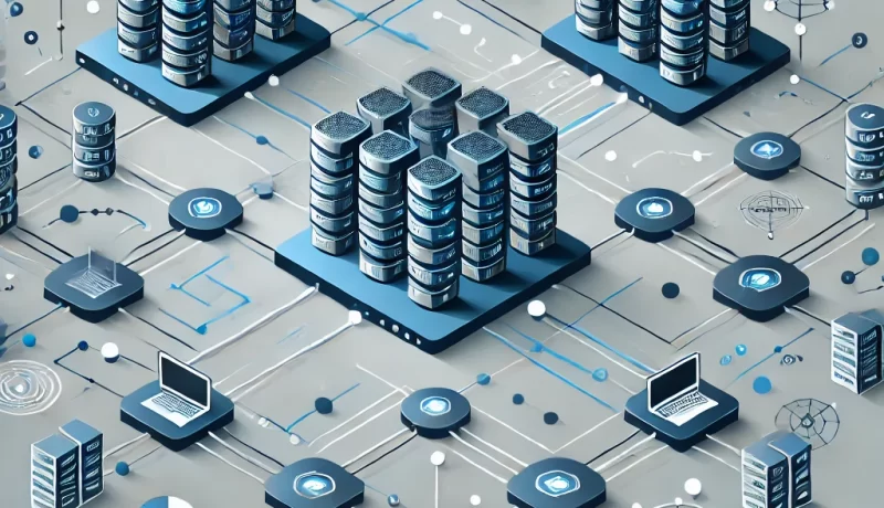 DALL·E 2025 02 03 09.50.18 An illustration of a distributed system with multiple servers interconnected representing a decentralized network. The image should show servers comm